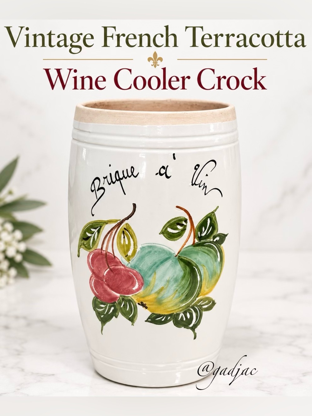Vintage French Terracotta Wine Cooler Crock - Hand Painted Brique à Vin